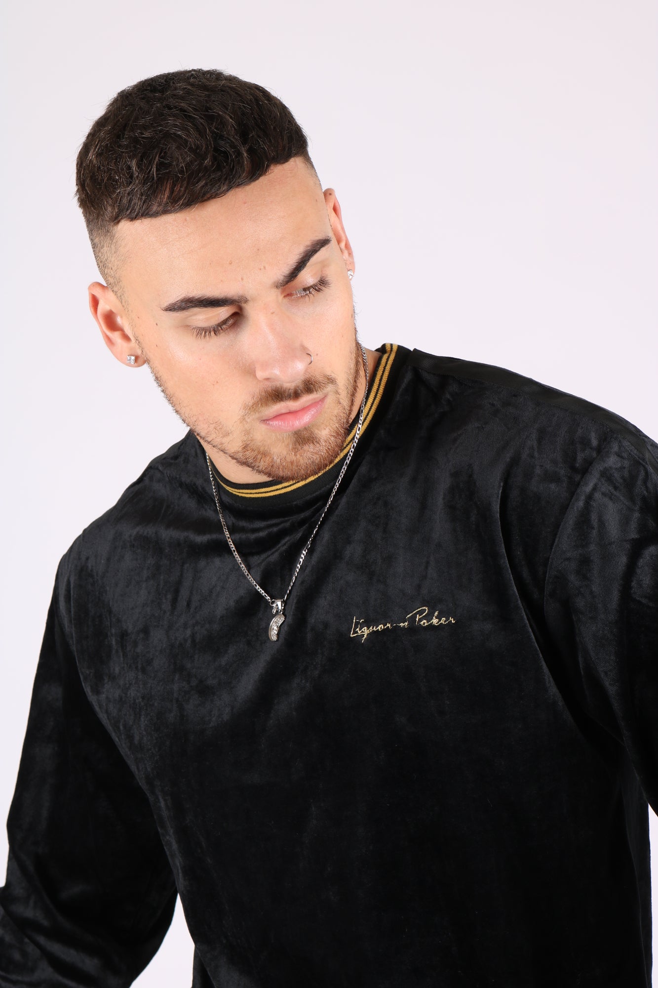 Playas Slim Fit Gold Trim Velour Black Sweater