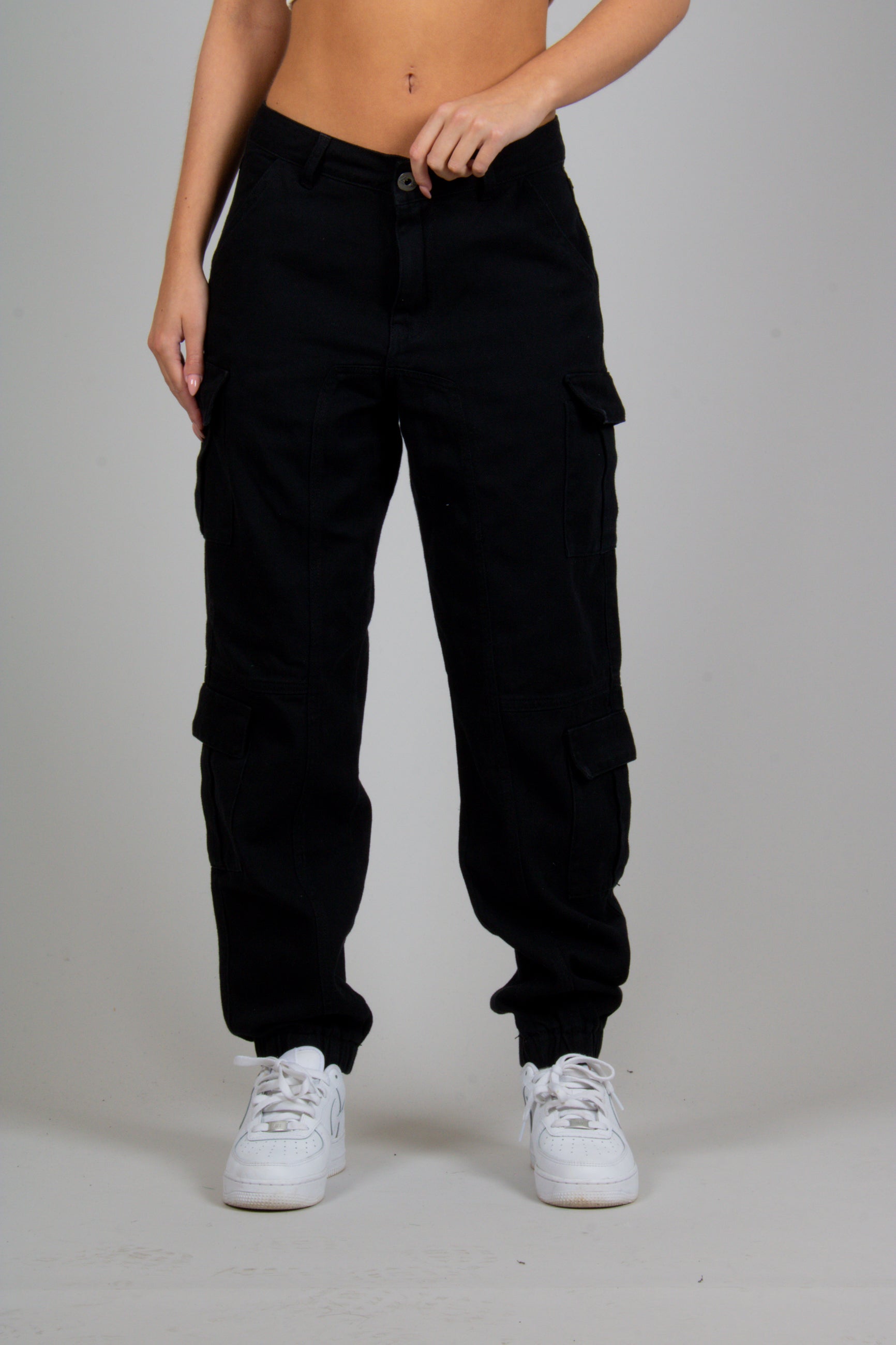 Relaxed Fit Twill Denim Cargo Trouser in Black