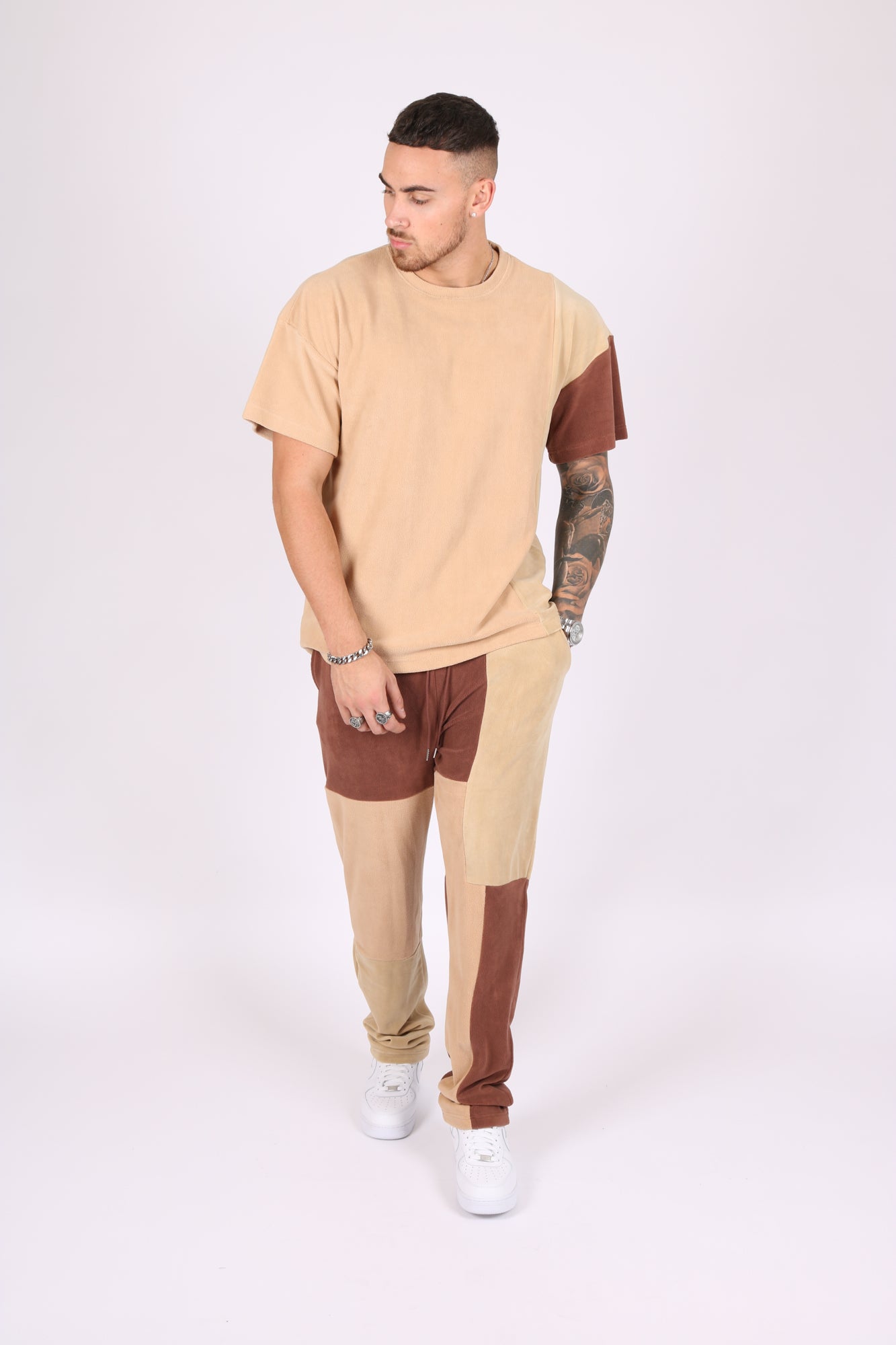 Polar Beige Oversized T-Shirt with Spliced Brown Panelling