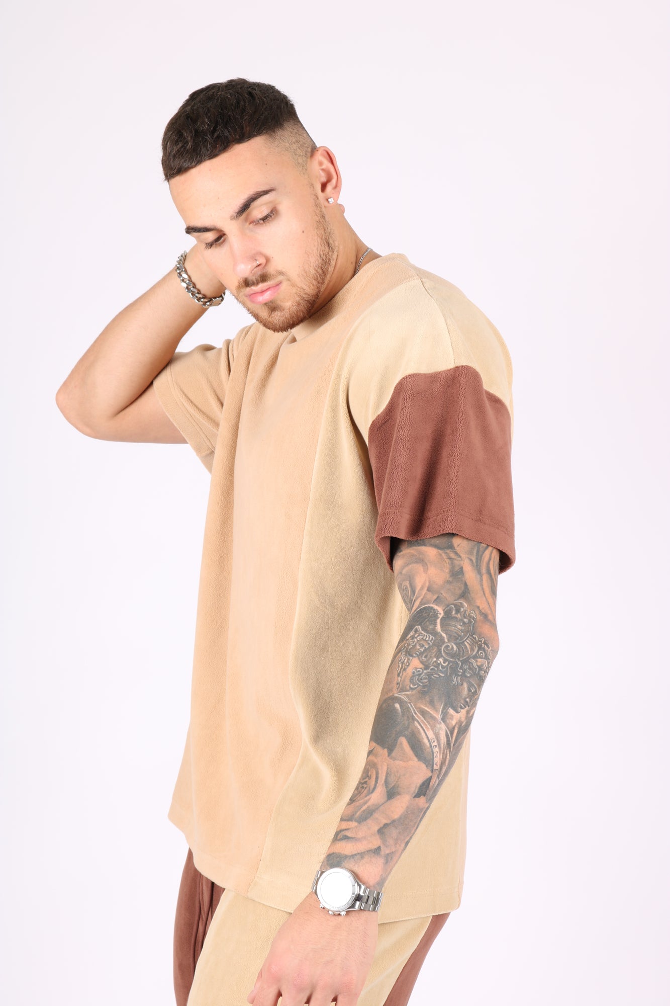 Polar Beige Oversized T-Shirt with Spliced Brown Panelling