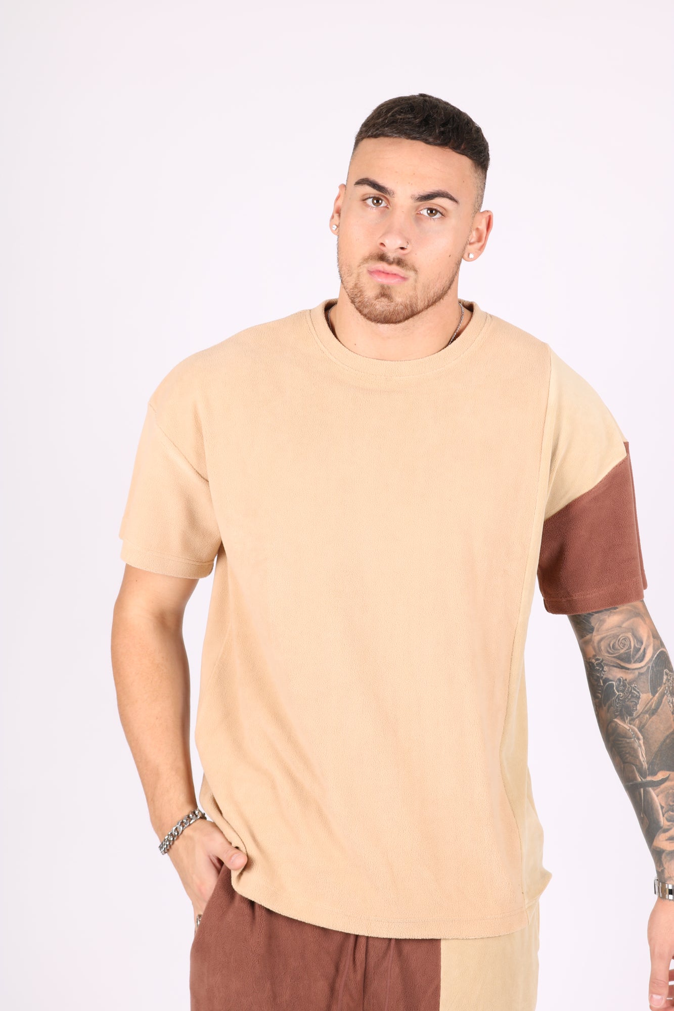 Polar Beige Oversized T-Shirt with Spliced Brown Panelling