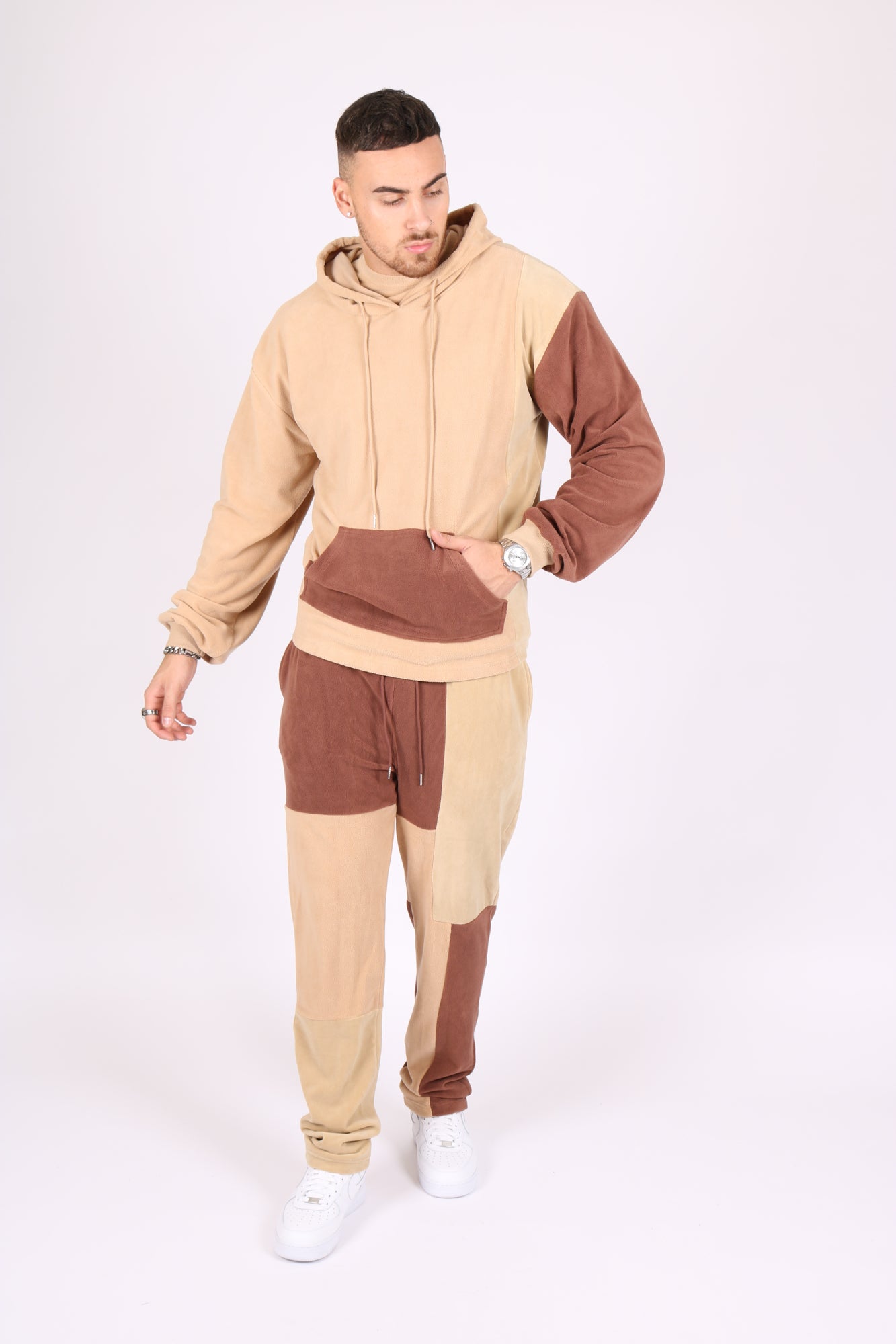 Oversized Polar Spliced Brown & Beige Hoodie