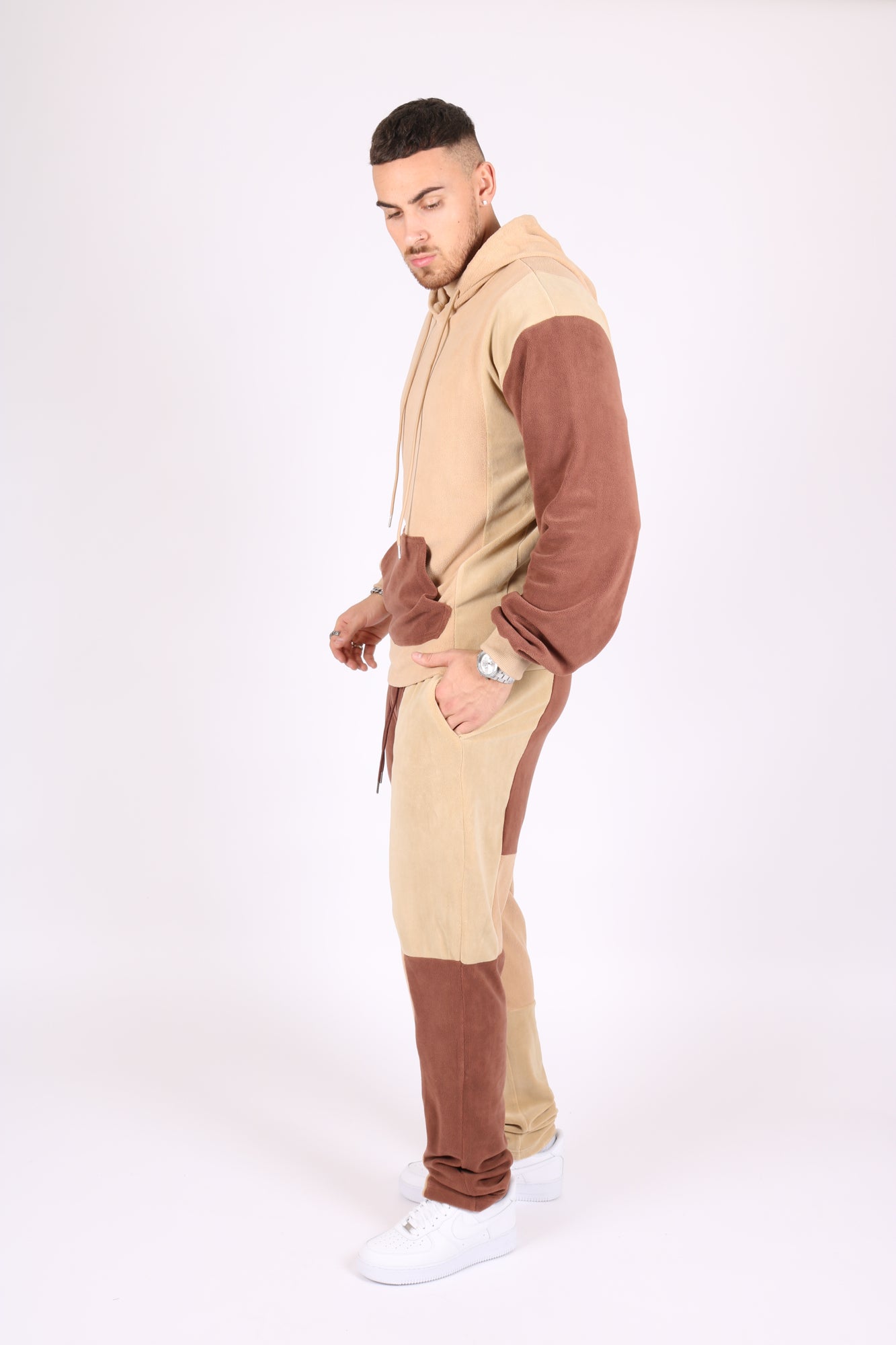 Oversized Polar Spliced Brown & Beige Hoodie