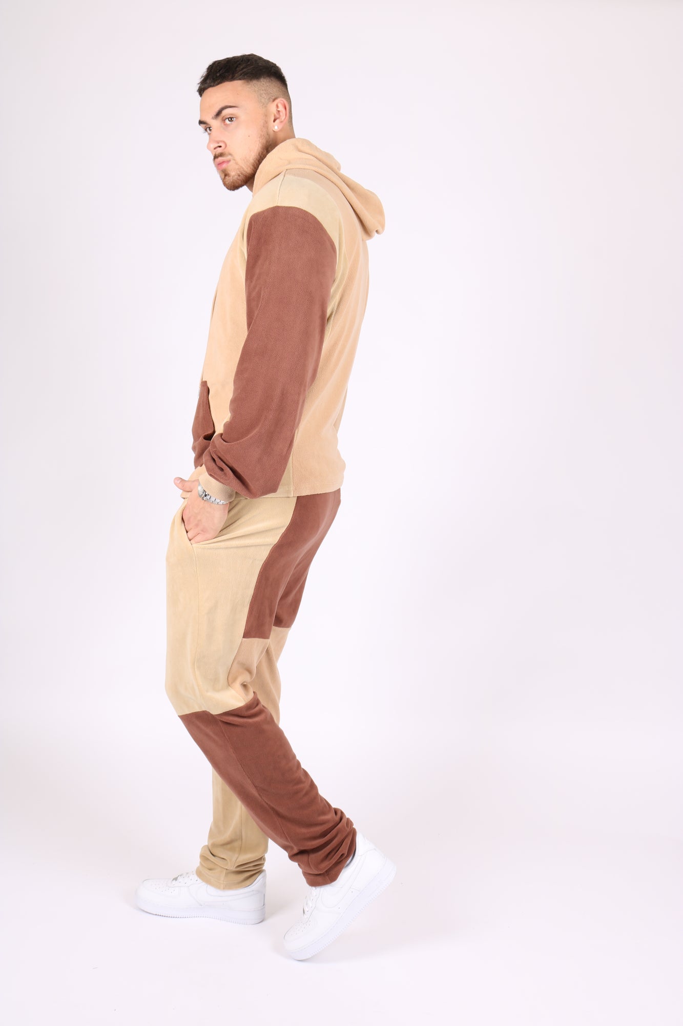 Oversized Polar Spliced Brown & Beige Hoodie