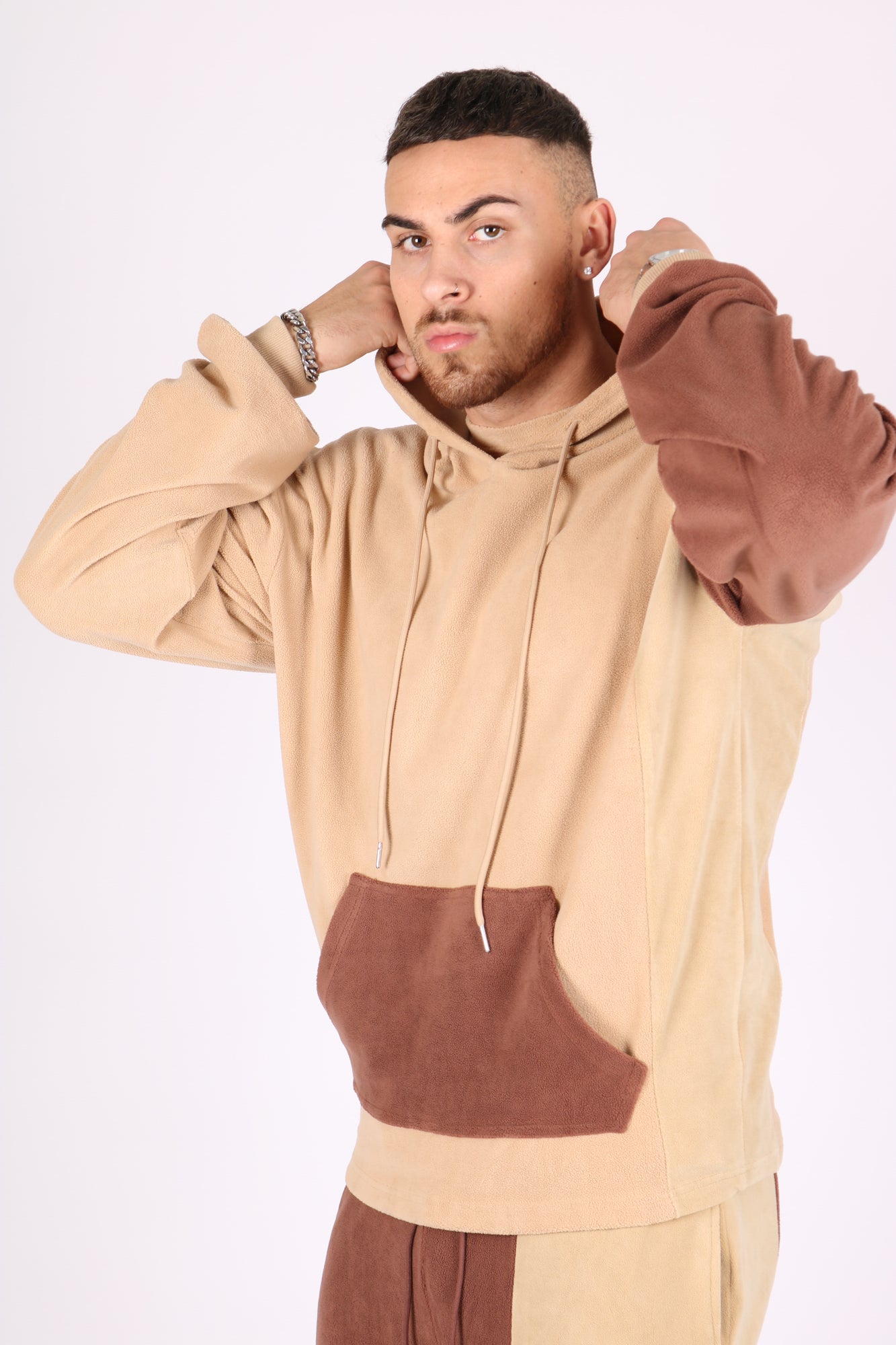 Oversized Polar Spliced Brown & Beige Hoodie