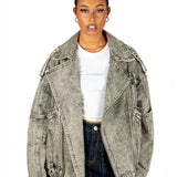 Washed Olive Biker Denim Jacket