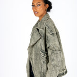 Washed Olive Biker Denim Jacket