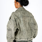 Washed Olive Biker Denim Jacket