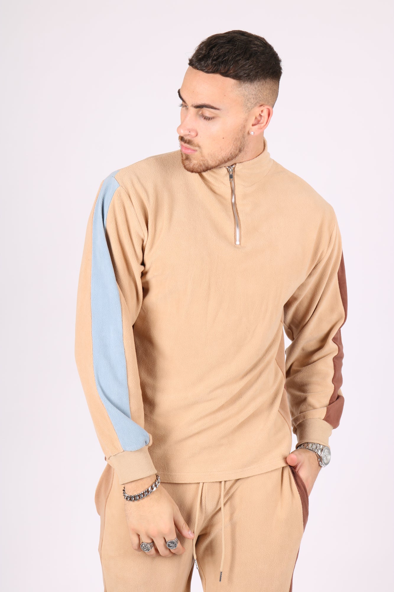 Beige Polar 1/4 Zip Sweater With Sports Stripe