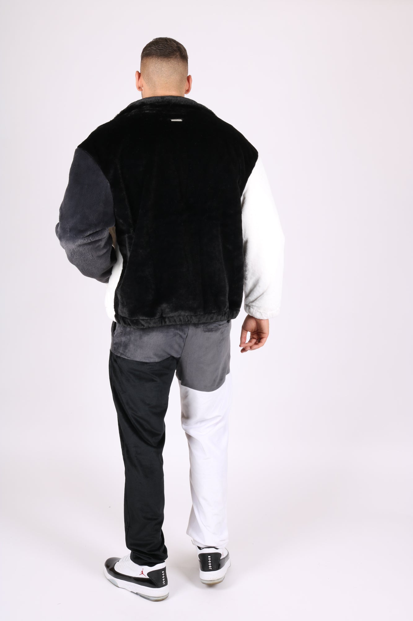 White, Black & Grey Spliced Micro Fur Jacket