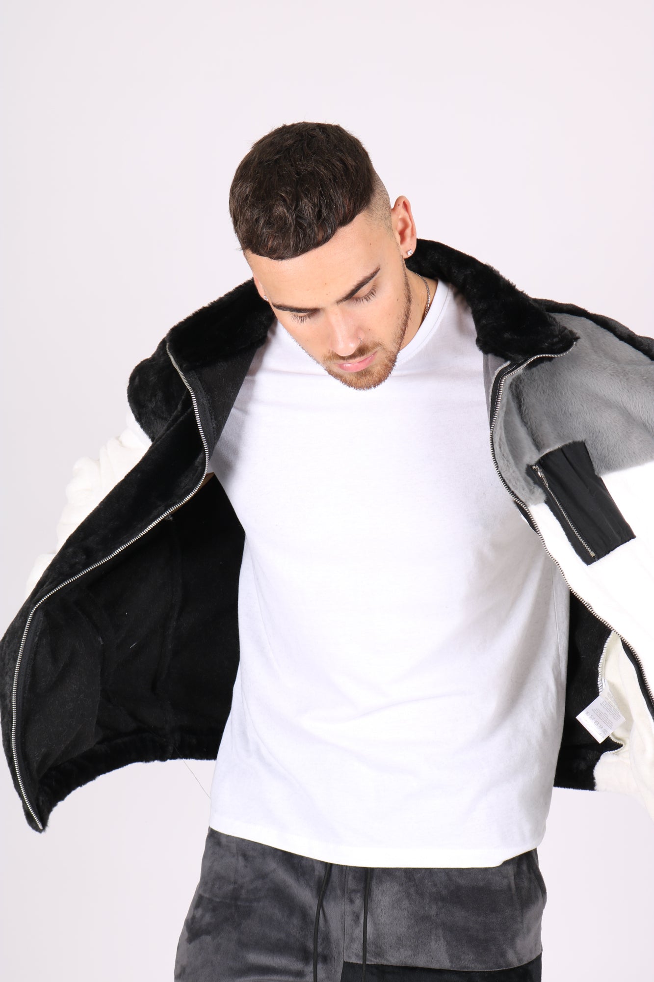 White, Black & Grey Spliced Micro Fur Jacket