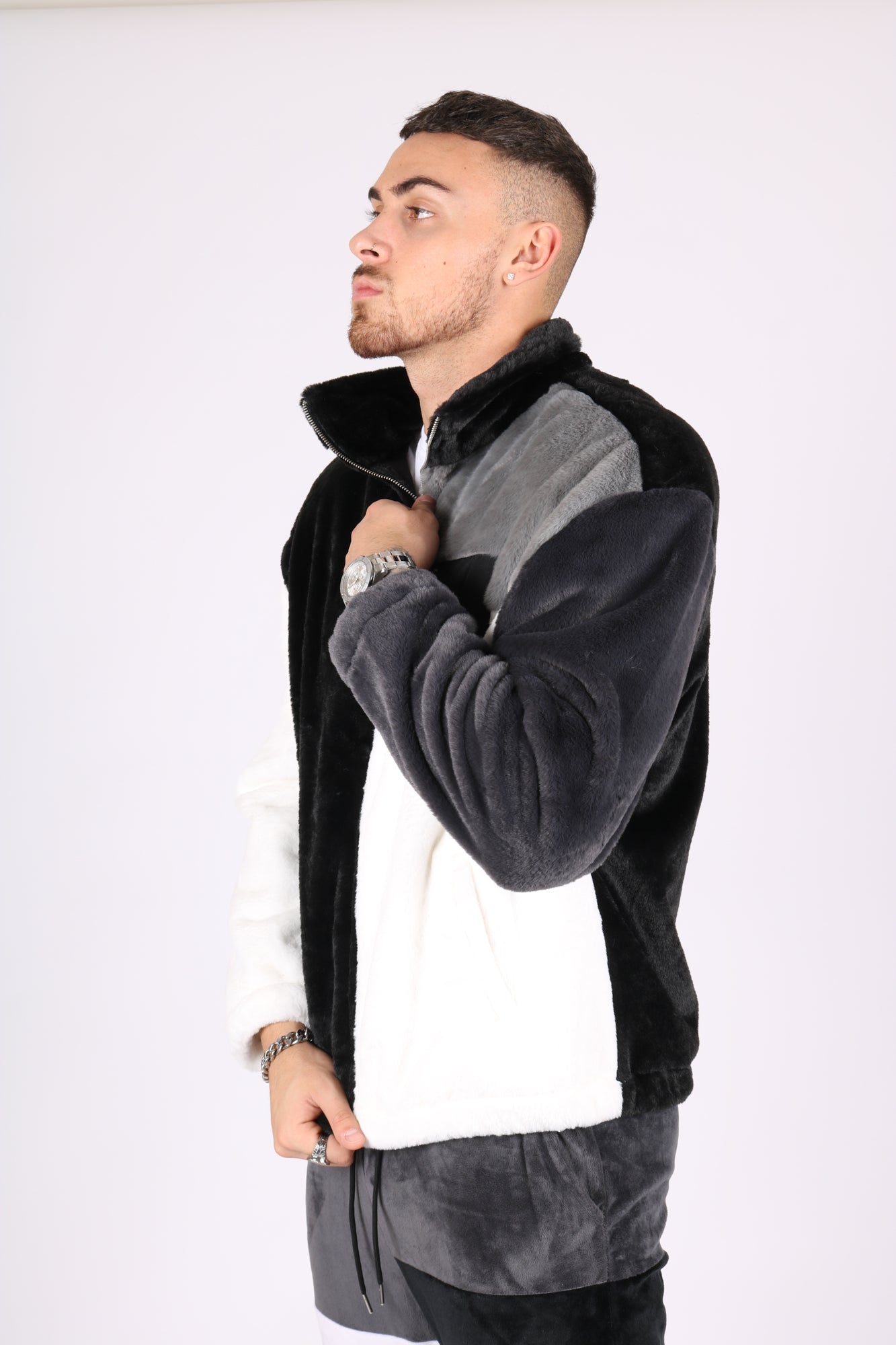 White, Black & Grey Spliced Micro Fur Jacket