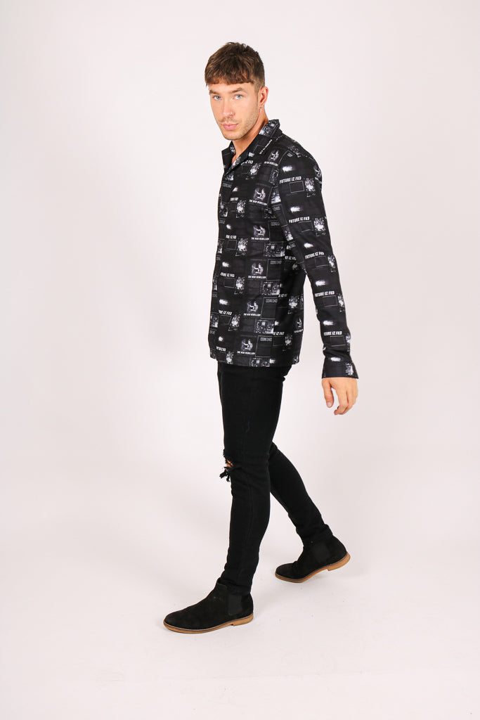 "Future Iz Fkd" Newspaper Print Long Sleeve Shirt