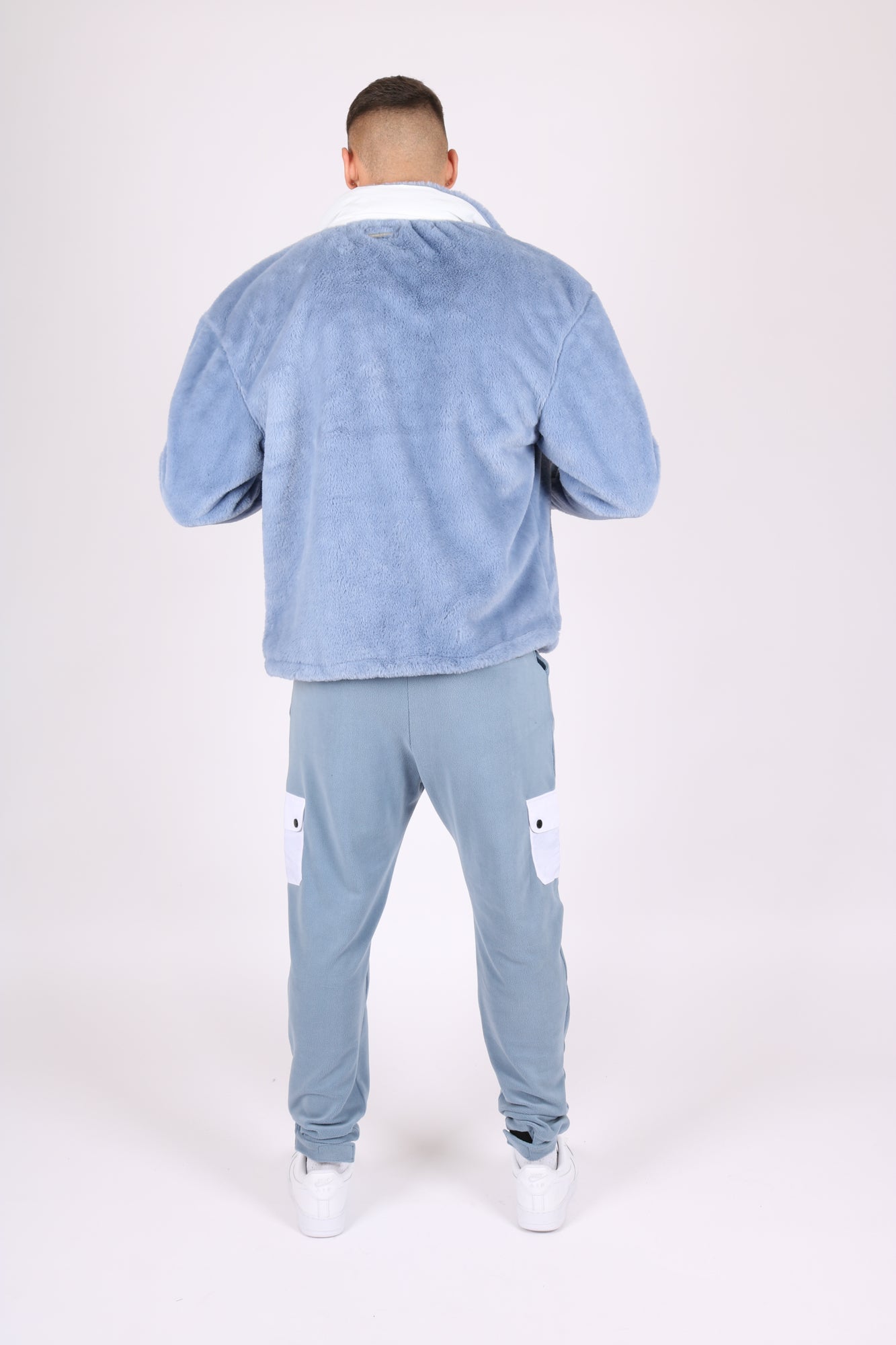 Utility Fur Jacket In Baby Blue With White Nylon Pockets