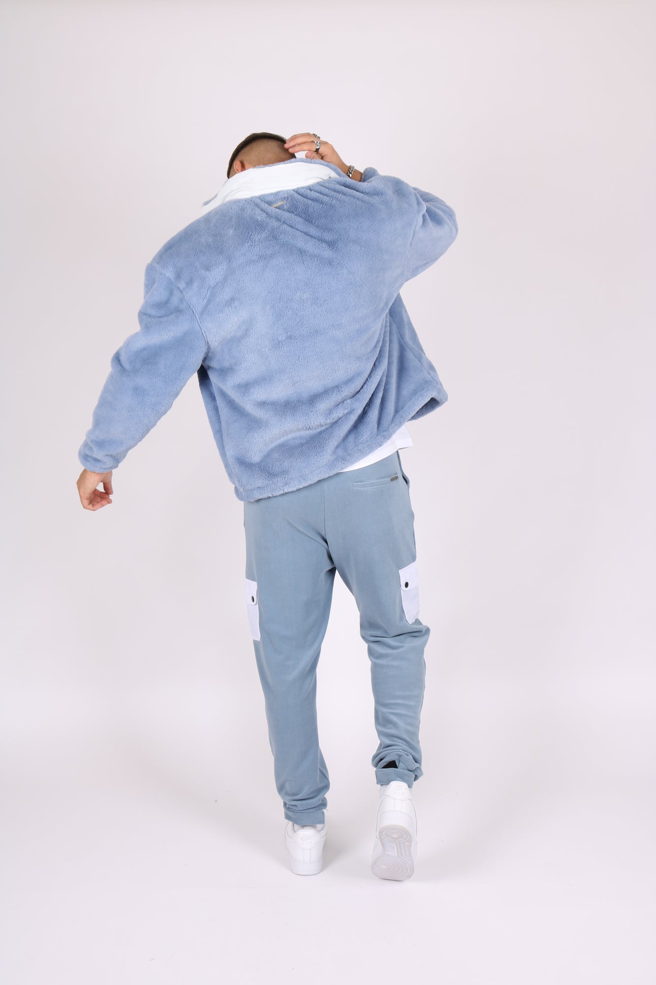 Utility Fur Jacket In Baby Blue With White Nylon Pockets