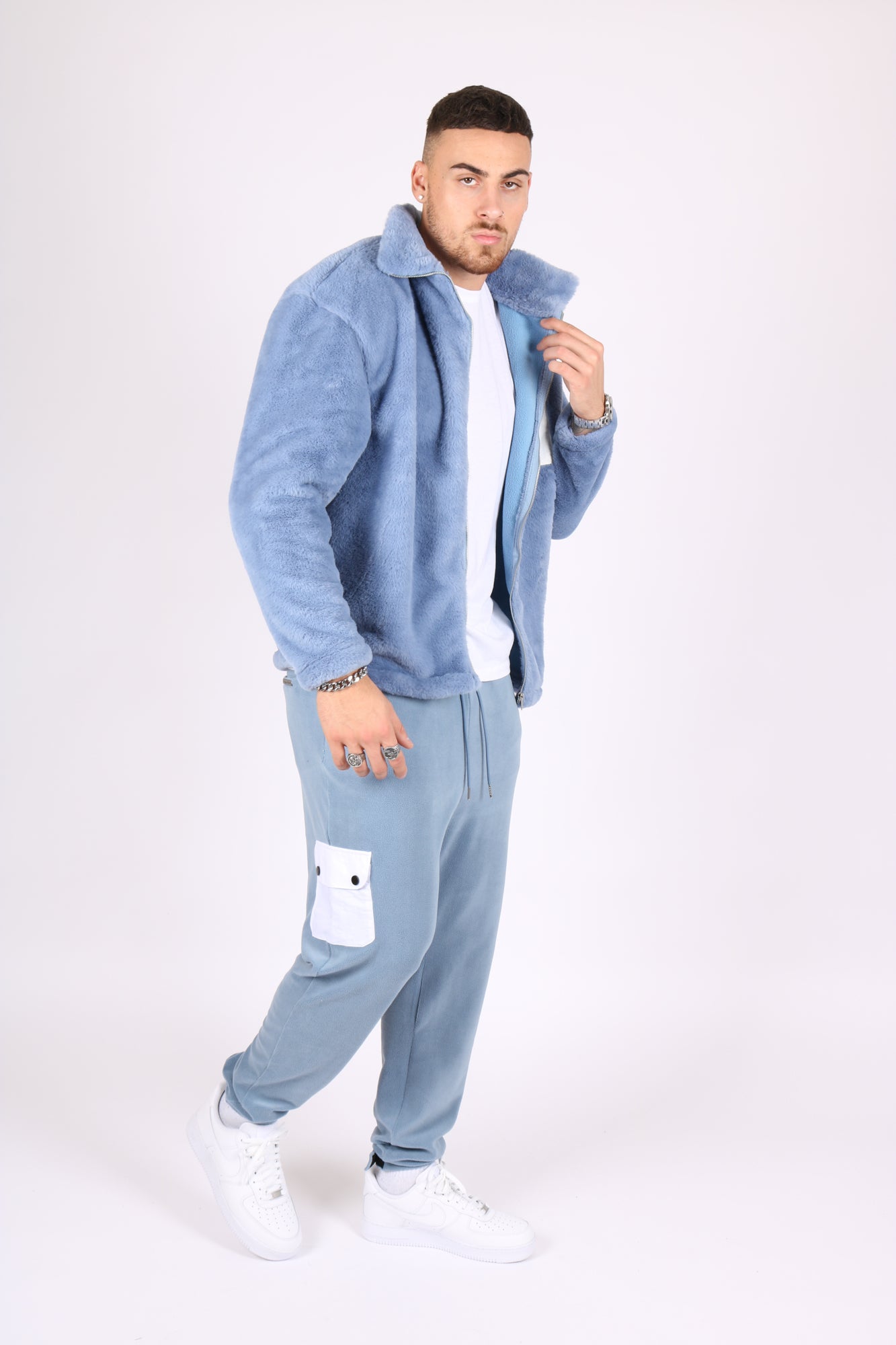 Utility Fur Jacket In Baby Blue With White Nylon Pockets