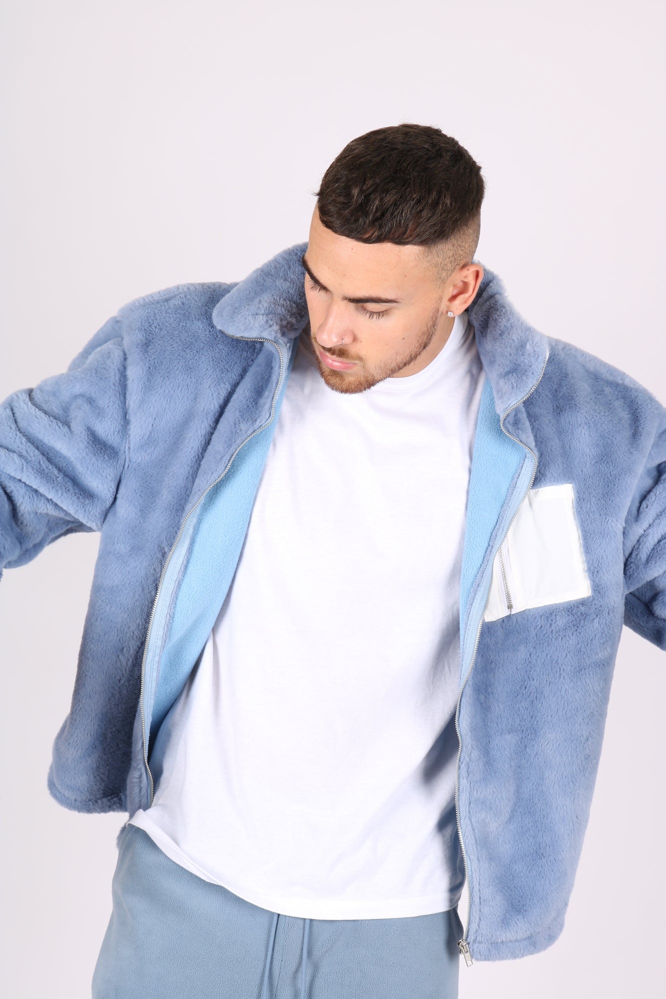 Utility Fur Jacket In Baby Blue With White Nylon Pockets