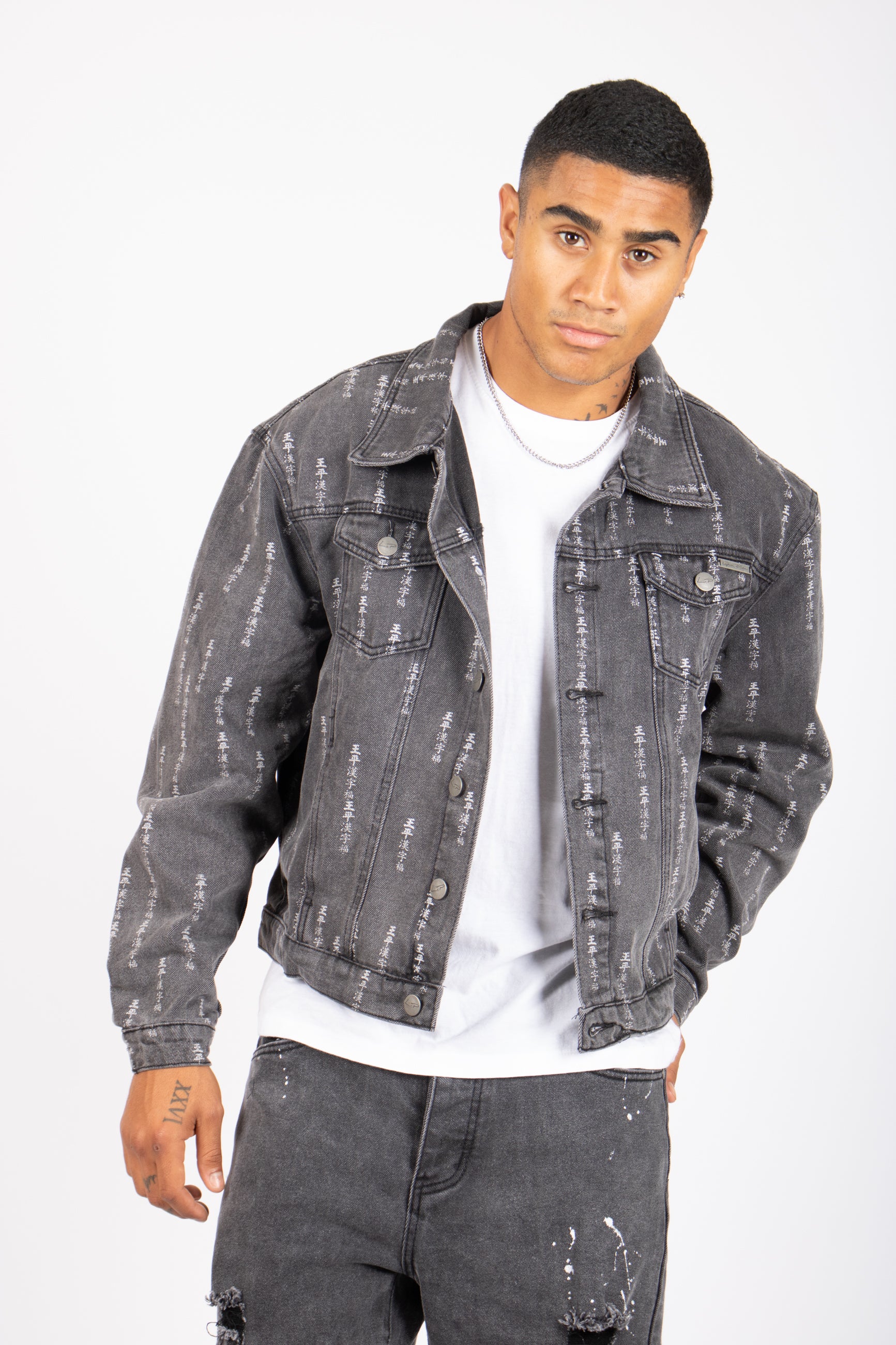 All-Over Japanese Text Oversized Washed Black Trucker Jacket