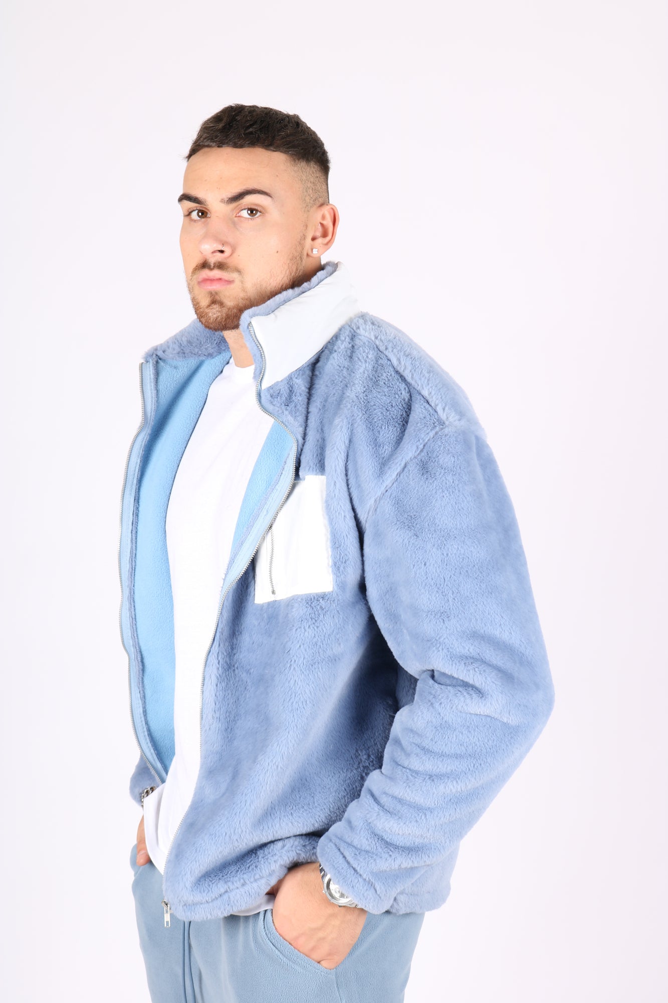 Utility Fur Jacket In Baby Blue With White Nylon Pockets