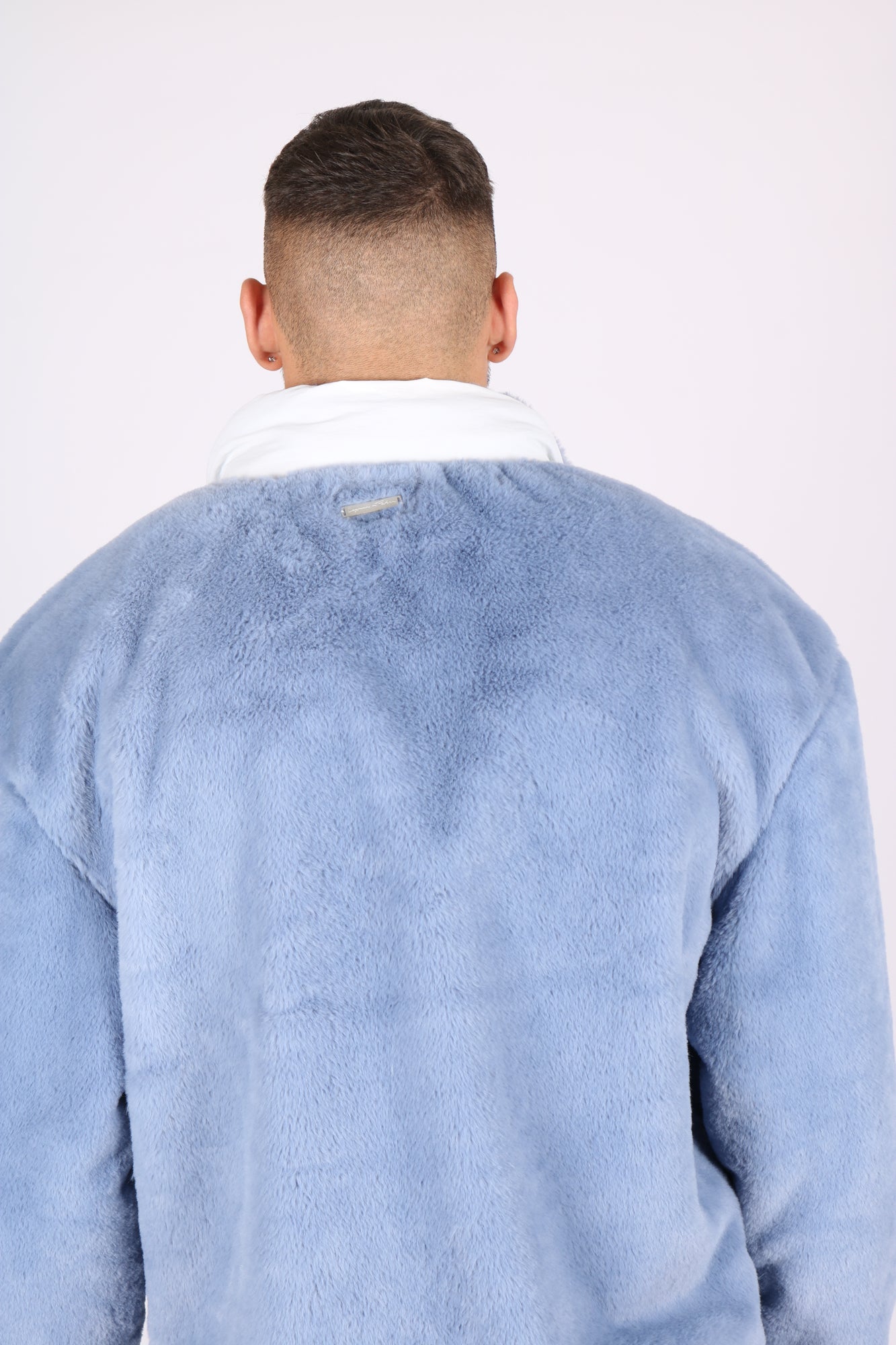 Utility Fur Jacket In Baby Blue With White Nylon Pockets