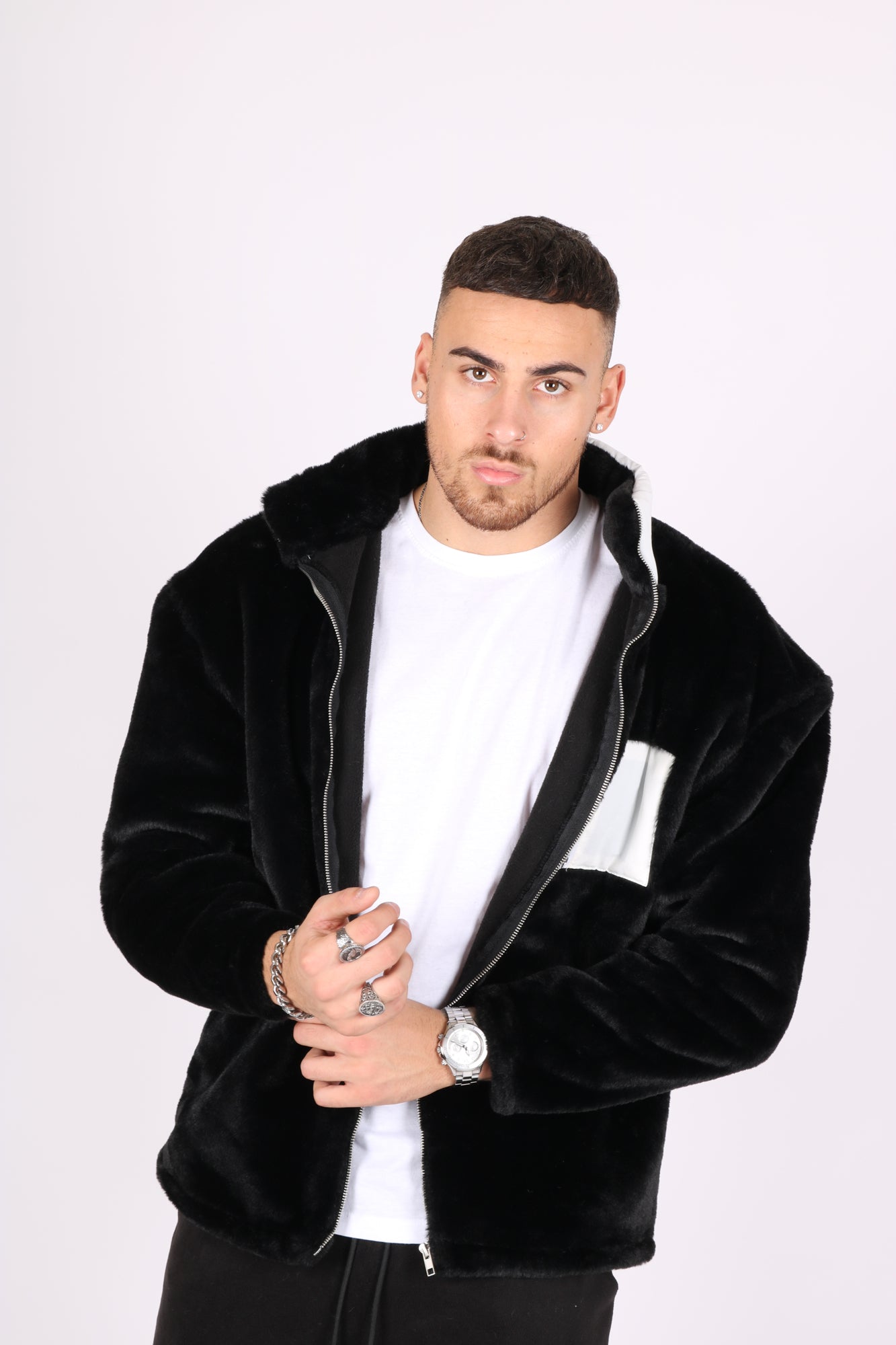 Utility Black Fur Jacket With White Nylon Pockets