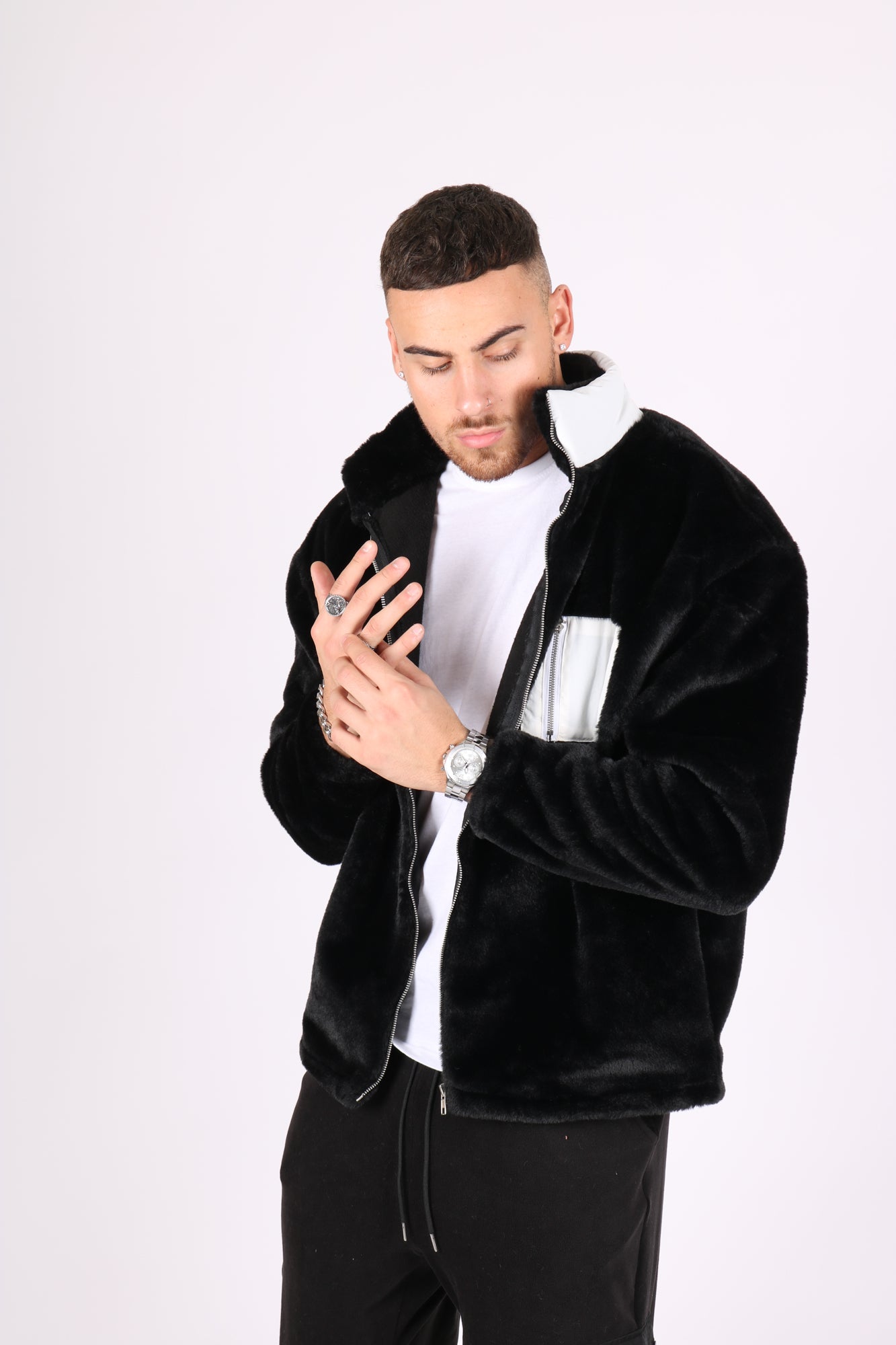 Utility Black Fur Jacket With White Nylon Pockets