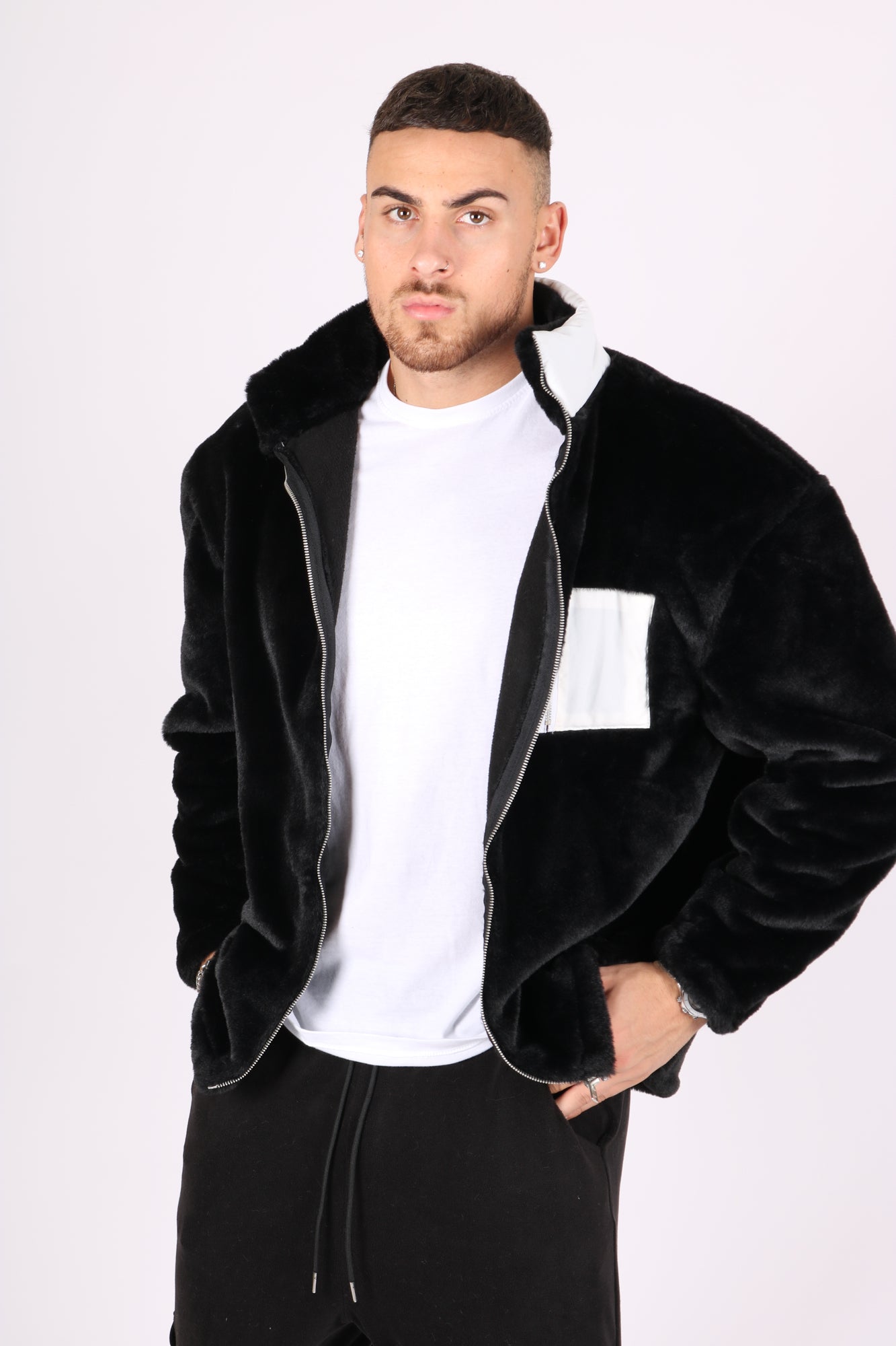 Utility Black Fur Jacket With White Nylon Pockets