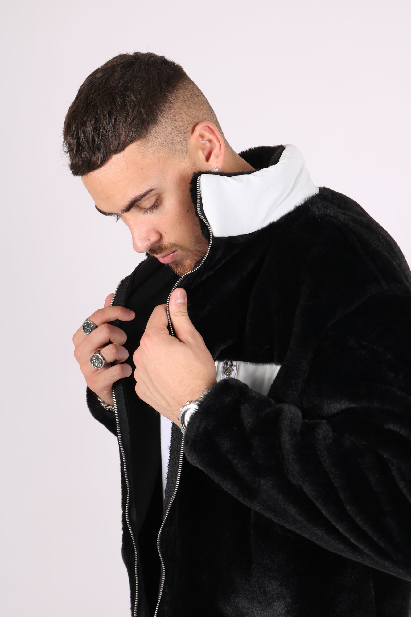 Utility Black Fur Jacket With White Nylon Pockets