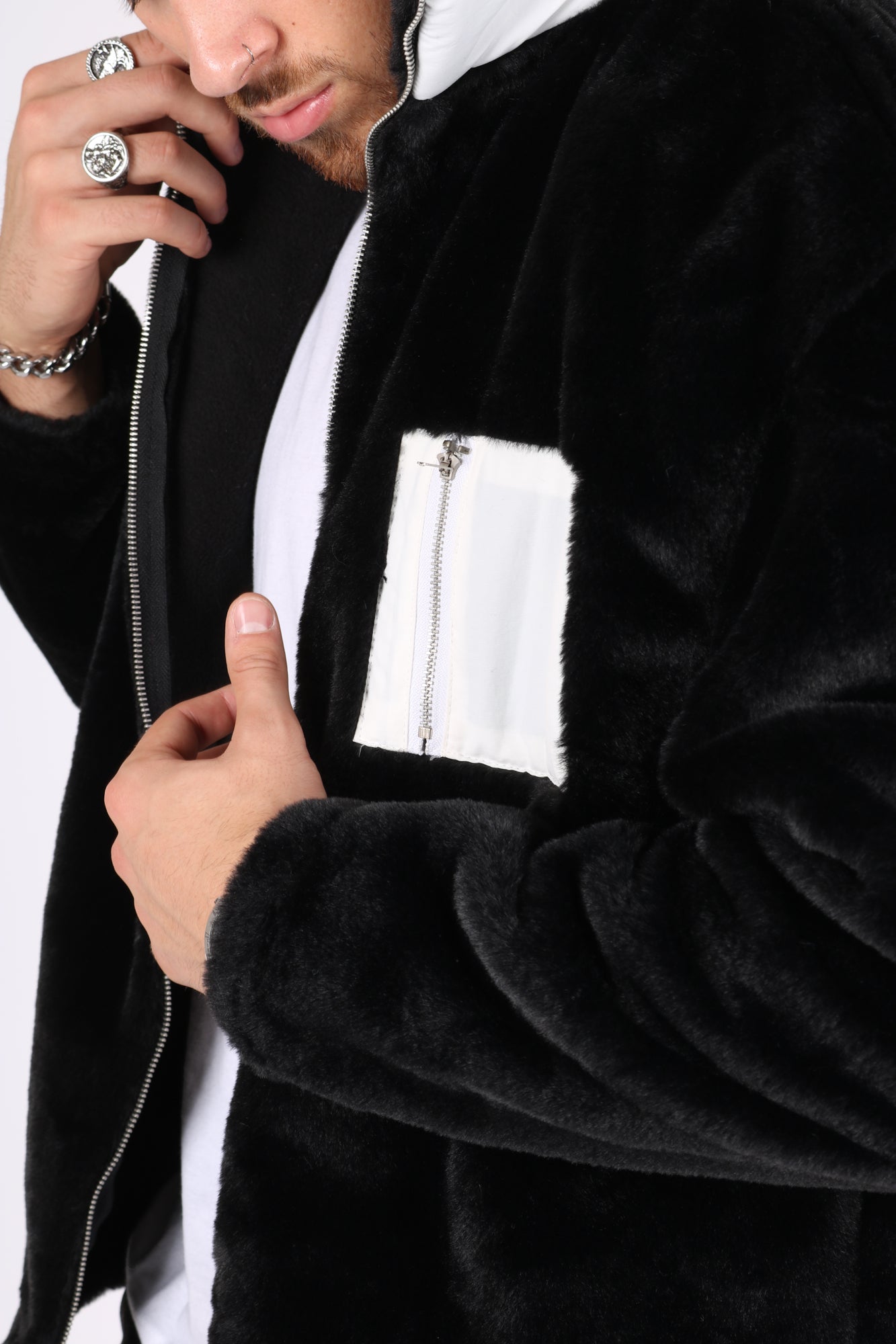 Utility Black Fur Jacket With White Nylon Pockets