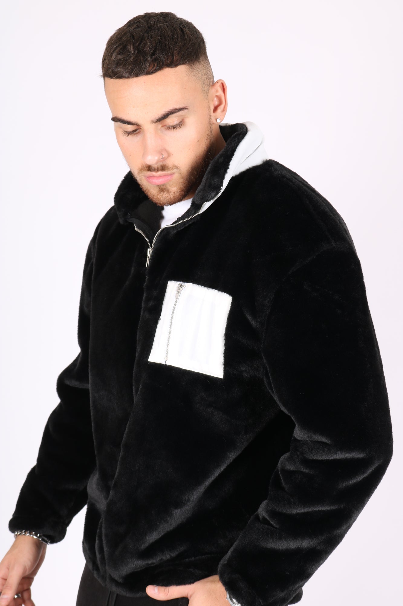 Utility Black Fur Jacket With White Nylon Pockets