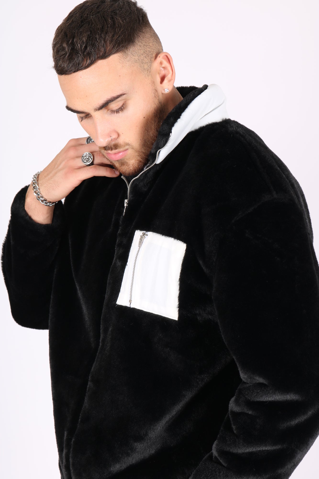 Utility Black Fur Jacket With White Nylon Pockets