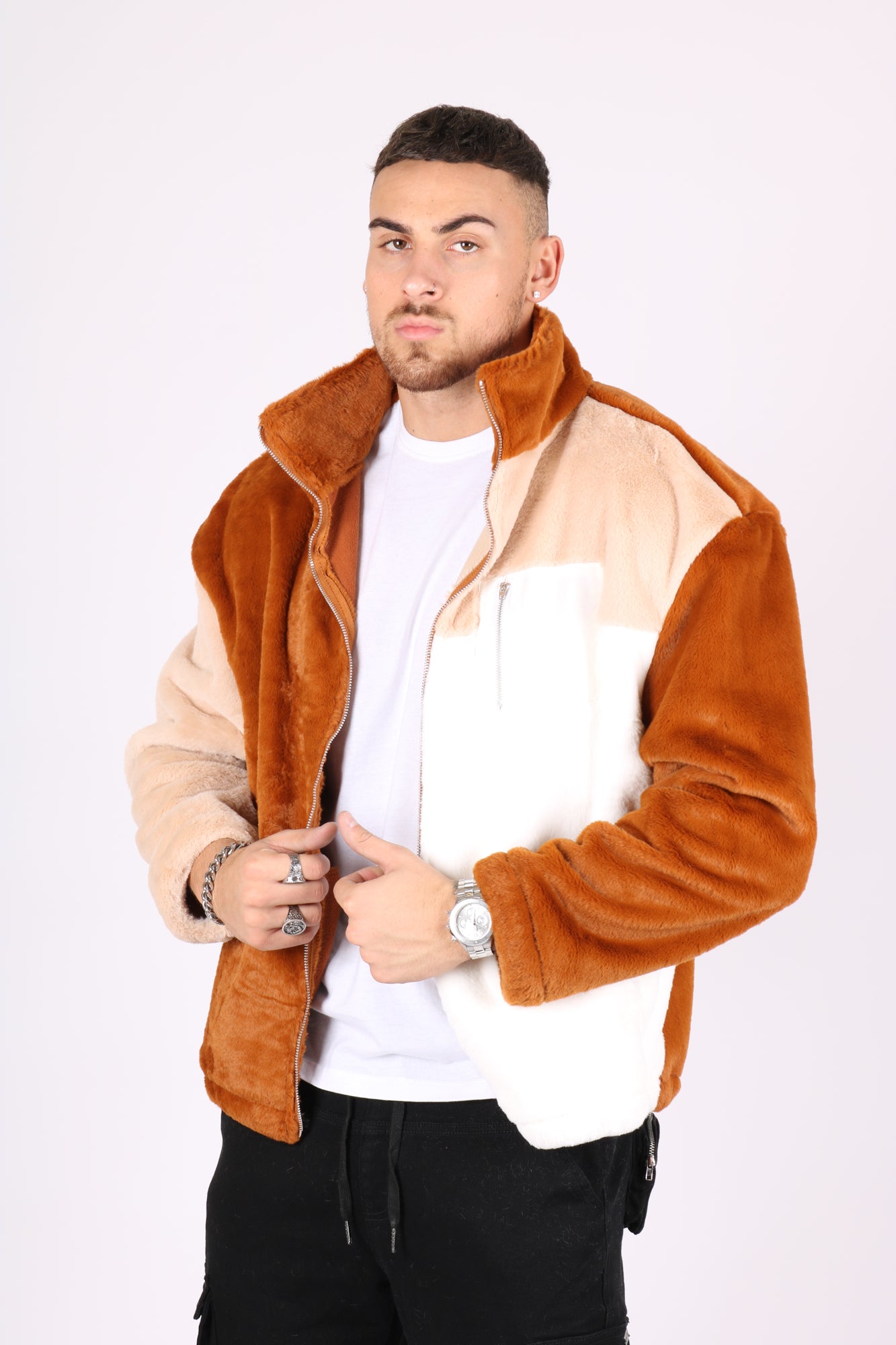 Brown, Tan & White Panel Micro Fur Jacket