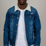 Denim Jacket With Borg Collar In Dark Indigo