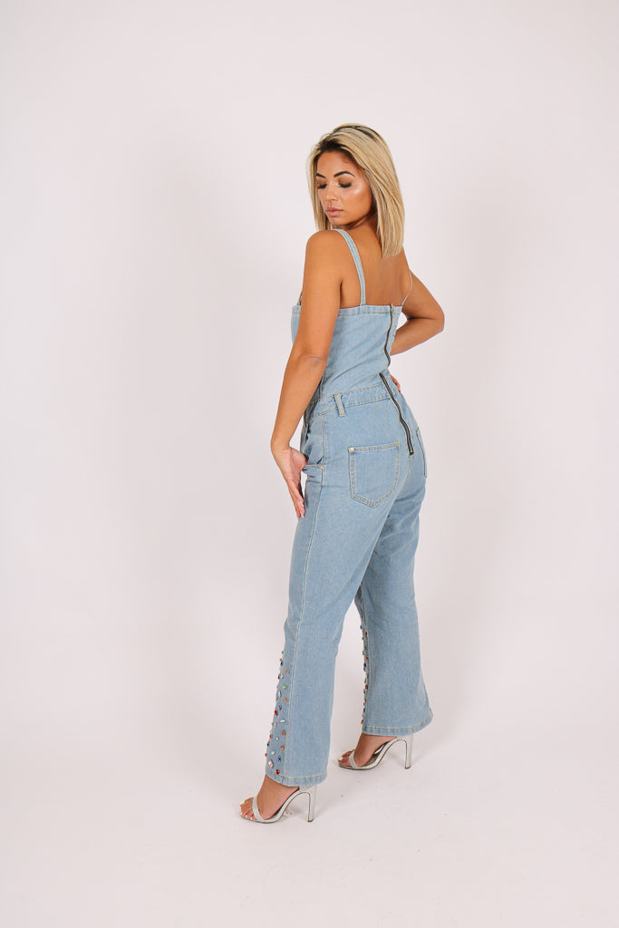 Gemstone Denim Jumpsuit With Kickflare And Gemstones