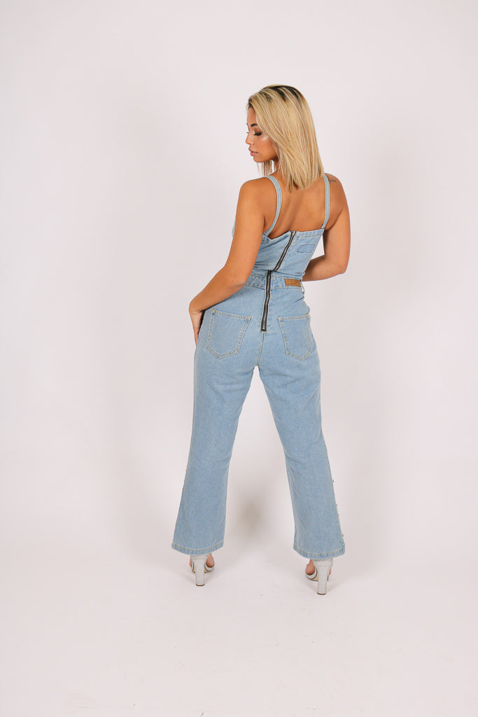 Gemstone Denim Jumpsuit With Kickflare And Gemstones