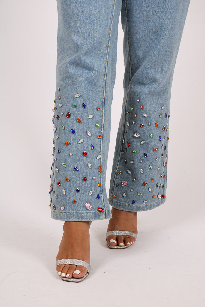 Gemstone Denim Jumpsuit With Kickflare And Gemstones