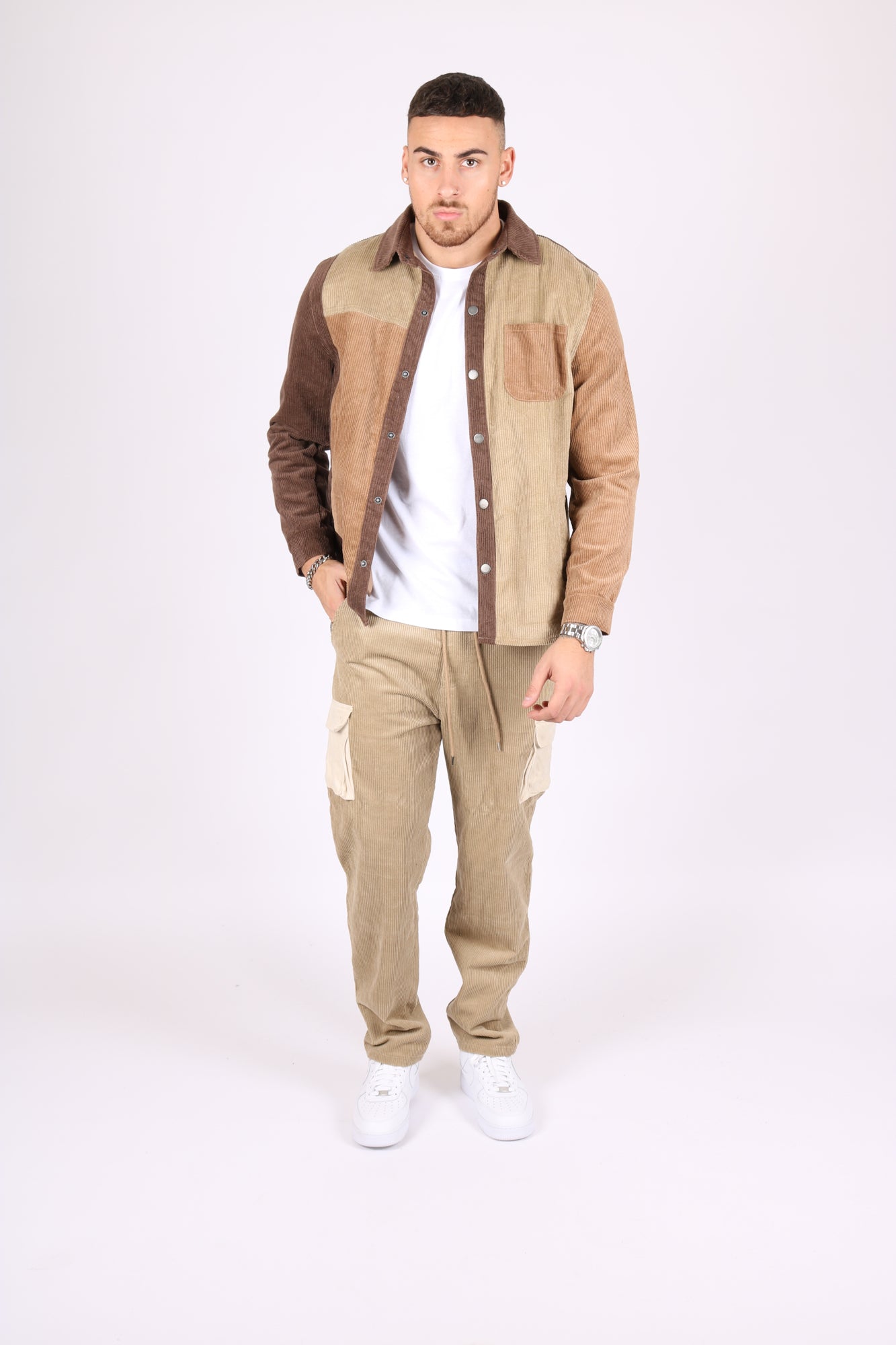 3 Tone Brown Spliced Corduroy Relaxed Shirt