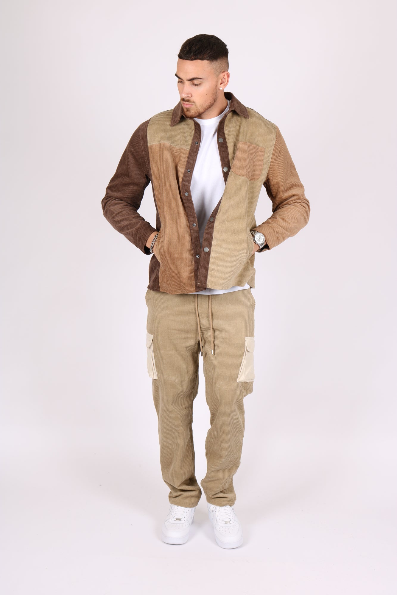 3 Tone Brown Spliced Corduroy Relaxed Shirt