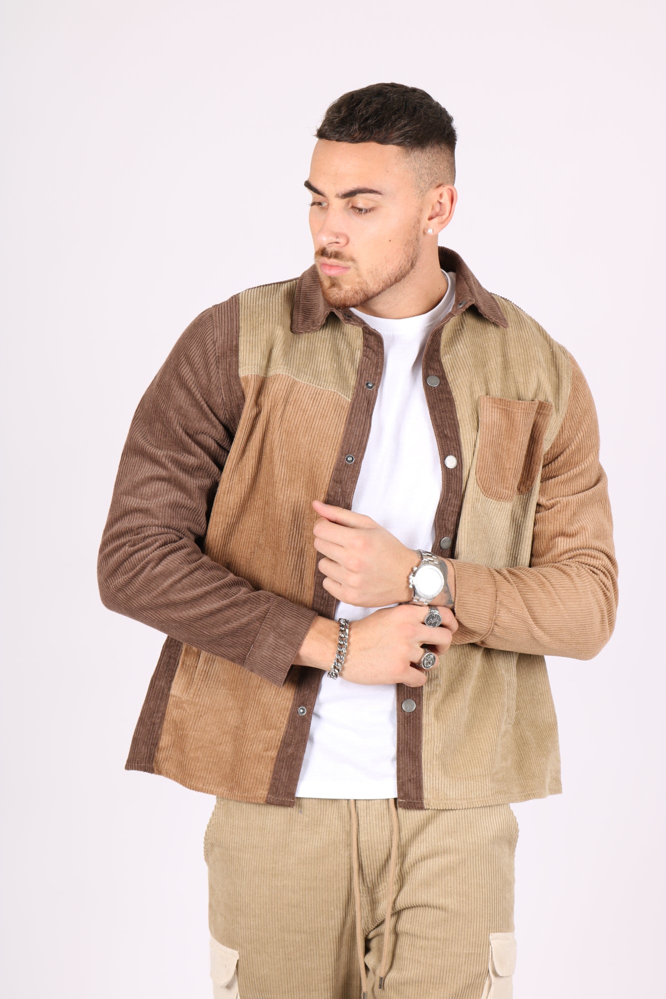 3 Tone Brown Spliced Corduroy Relaxed Shirt