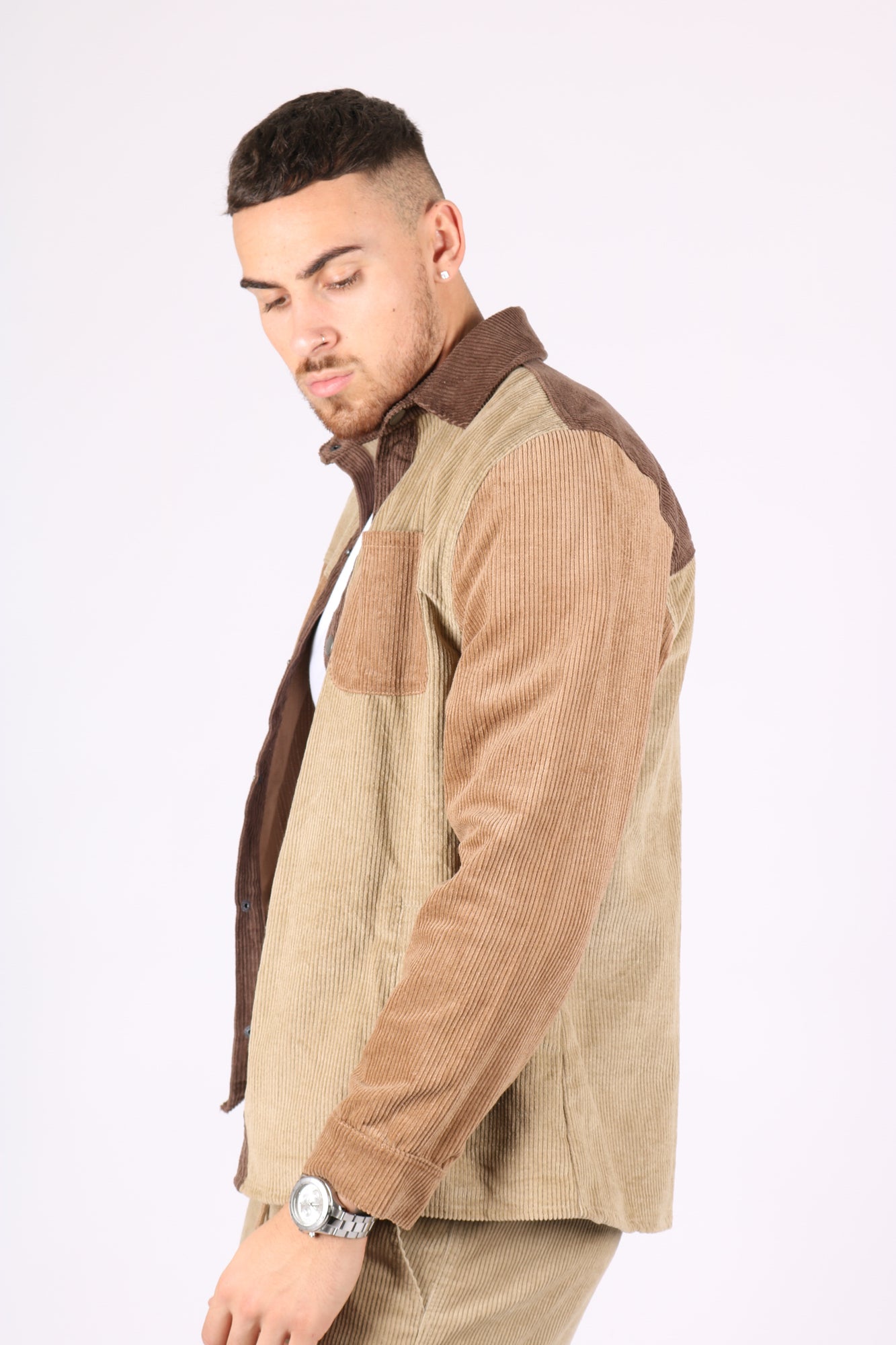 3 Tone Brown Spliced Corduroy Relaxed Shirt