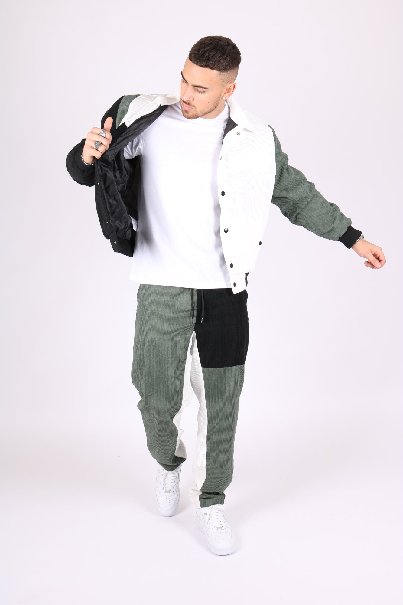 White, Khaki & Black Panelled Varsity Bomber