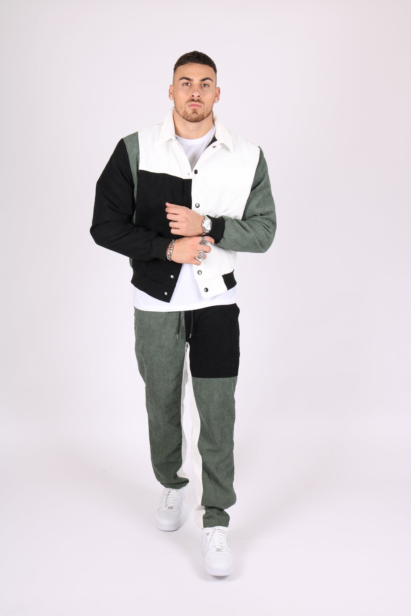 White, Khaki & Black Panelled Varsity Bomber