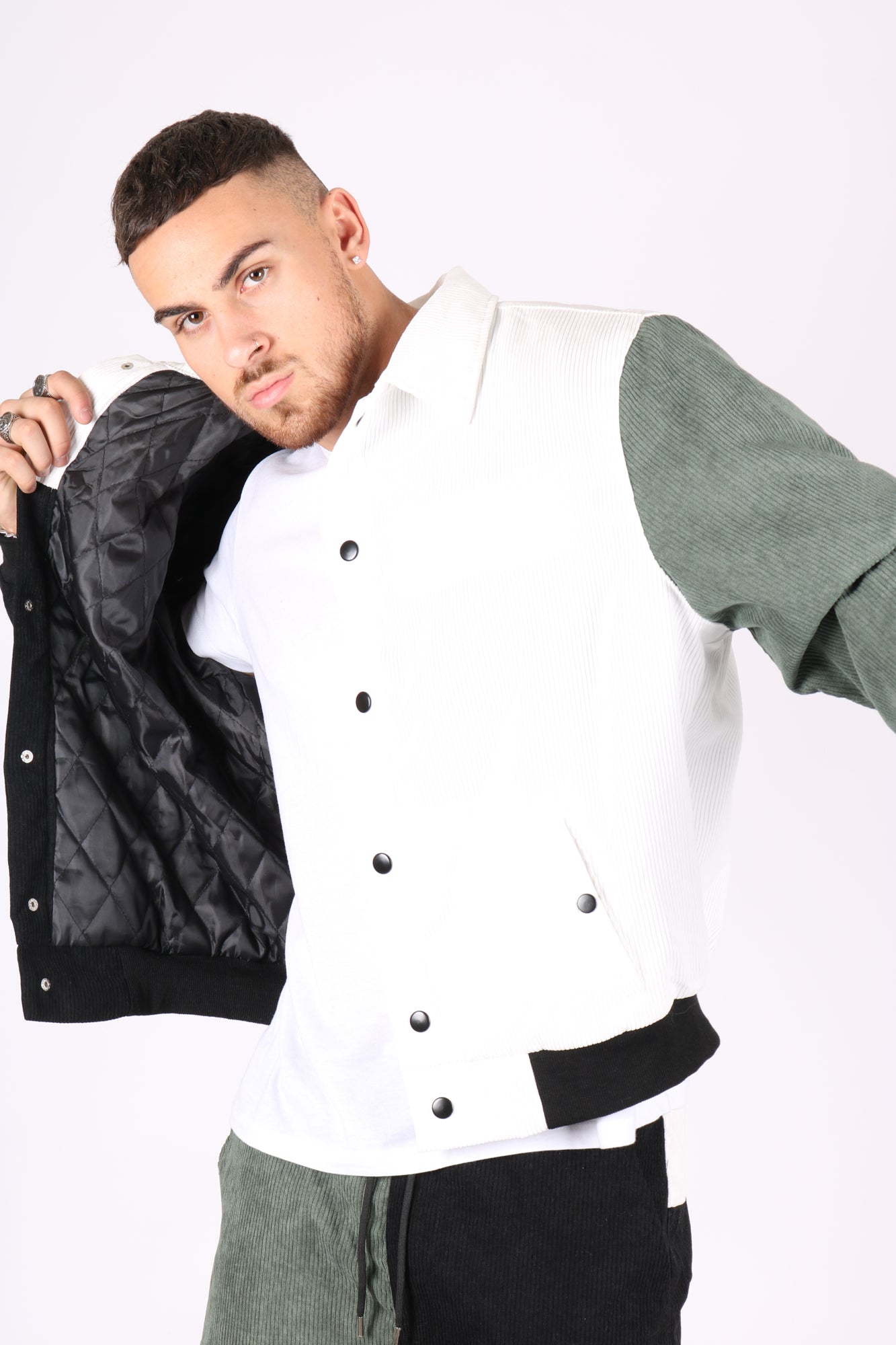 White, Khaki & Black Panelled Varsity Bomber