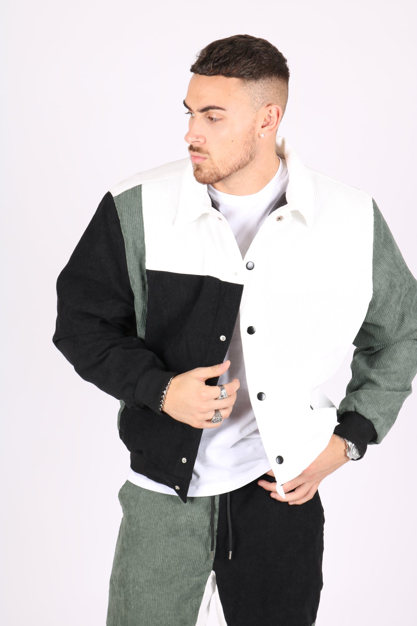 White, Khaki & Black Panelled Varsity Bomber