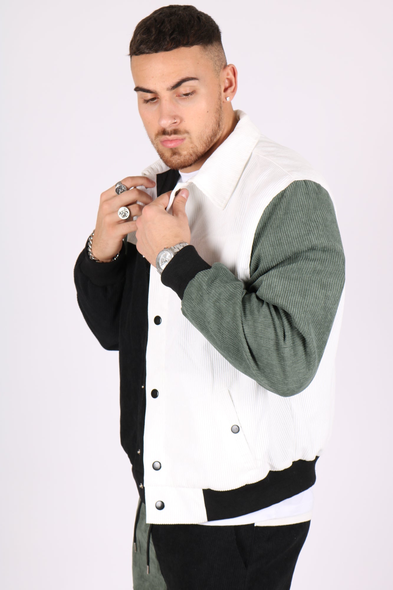 White, Khaki & Black Panelled Varsity Bomber