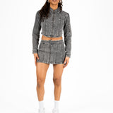 Acid-Wash Grey Contrast Stitch Cropped Denim Jacket