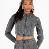 Acid-Wash Grey Contrast Stitch Cropped Denim Jacket
