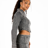 Acid-Wash Grey Contrast Stitch Cropped Denim Jacket