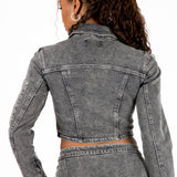 Acid-Wash Grey Contrast Stitch Cropped Denim Jacket