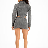 Acid-Wash Grey Contrast Stitch Cropped Denim Jacket
